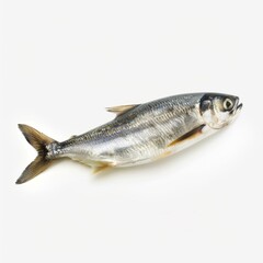 Obraz premium A fresh, silver fish with a streamlined body and distinct eye, resting on a neutral background. Ideal for culinary use.