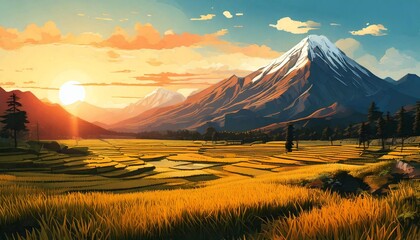 Obraz premium sunrise in mountains from side view at the day flat art design with simple illustration
