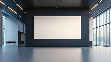 An expansive, open hall with a wide blank display on a matte black wall, surrounded by ambient recessed lighting.