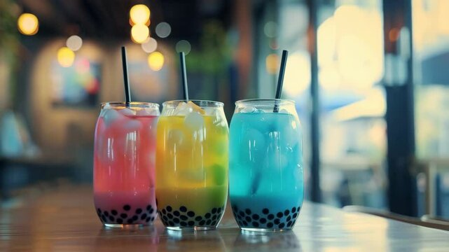 Glasses with bubble tea on the table in bar