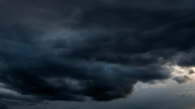 storm sky timelapse - dark dramatic clouds during thunderstorm, rain and wind, extreme weather, abstract background 