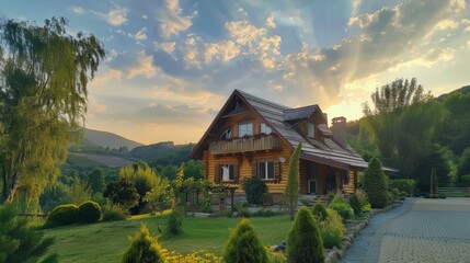 A charming wooden house surrounded by lush greenery and beautifully shaped shrubs under a vibrant sunset sky.