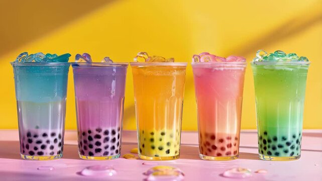 Different colorful bubble tea on the pink and yellow background