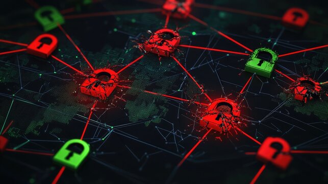 A network map with interconnected red and green locks, the red locks showing cracked symbols, representing a compromised cybersecurity network. 