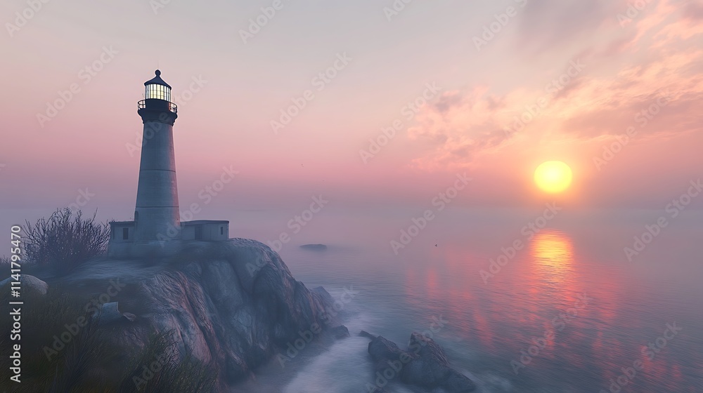 Canvas Prints Lonesome lighthouse on rocky coast at sunset, foggy ocean.