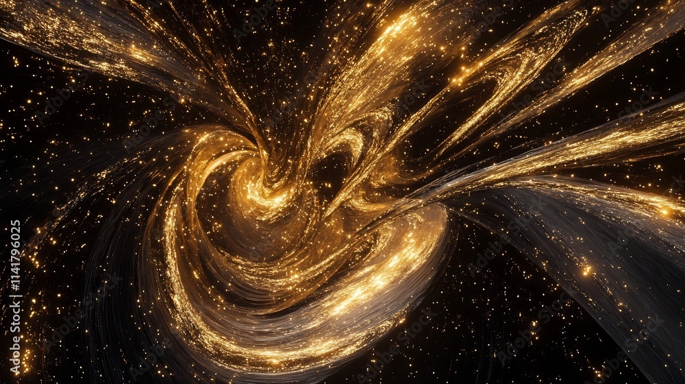 Poster flowing ribbon of glowing light trails twisting through infinite dark void