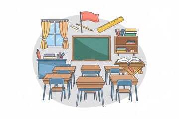 A Classroom Setting with Desks Chairs and Learning Materials