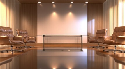 A modern office meeting room with a blank wall behind a large glass conference table. The room features comfortable leather chairs, polished wood floors.