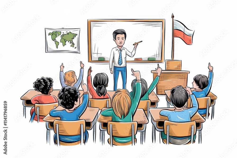 Poster teacher instructing students in a classroom setting