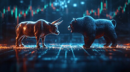 Bulls and bears clash stock market trends for investors in a digital trading environment