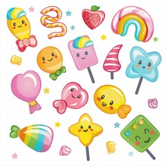 A colorful assortment of cute cartoon sweets like ice cream, lollipops, and candy, featuring smiling faces and cheerful designs.