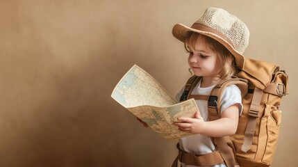 Toddler child explorer with backpack and map.