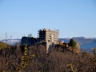 Historic fortifications of the city of Genoa, Italy. In the picture, the Fort Puin under renovation surrounded by scaffolding. 