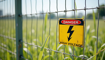 An electric fence with a bright yellow “Danger High Voltage” symbol prominently displayed, surrounded by tall grass in a rural or industrial setting.