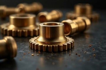 Brass gears. Close-up of golden brass gears and components on dark surface, finished products.