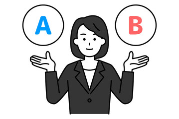 AとBの選択肢を提案する黒いスーツの女性