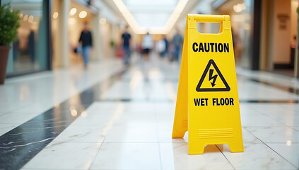 A bright yellow &ldquo;Caution Wet Floor&rdquo; sign placed on a shiny, wet marble floor in a modern shopping mall hallway with reflections on the surface.