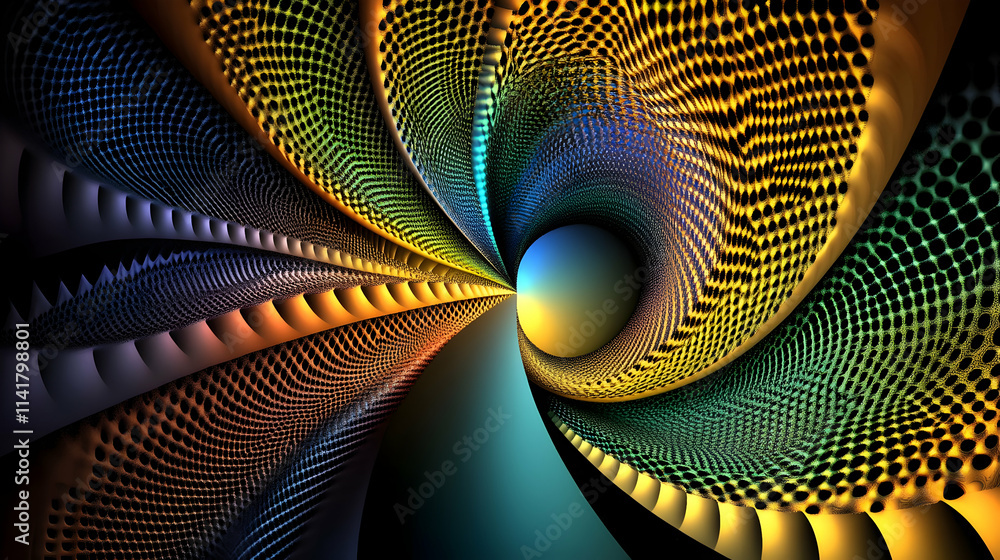 Poster abstract swirling fractal art with vibrant colors and textured patterns.