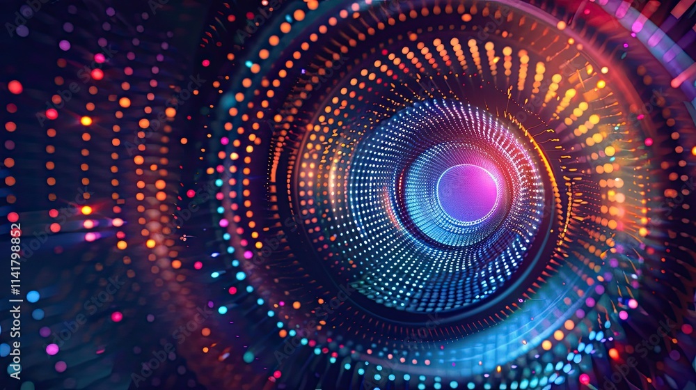 Poster abstract digital swirl with vibrant colors and lights creating a sense of depth.