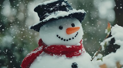 Snowman with Black Hat, Red Scarf, and Carrot Nose in Snow