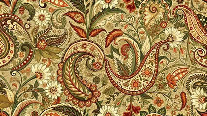 Intricate paisley and floral design, opulent textile pattern, rich autumnal hues, swirling motifs, lush botanical elements