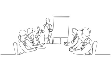 Continuous one line drawing of female employee raising hand to ask question in work meeting, presentation with Q&A concept, single line art