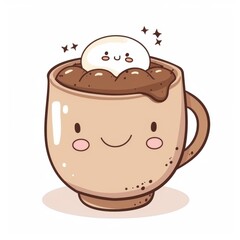 A cute smiling mug filled with hot chocolate and topped with a cheerful marshmallow, surrounded by sparkling stars.