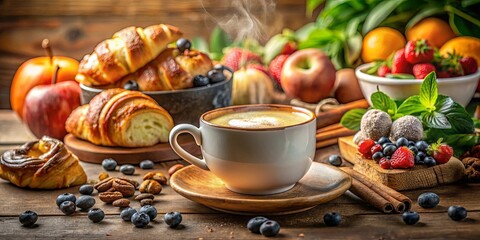 Fototapeta premium Aromatic Coffee with Sweet Pastries and Fresh Fruit for a Delightful Breakfast