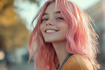 Naklejka premium Portrait of happy smiling teenage girl with trendy pink hair and freckles on face walking down the street