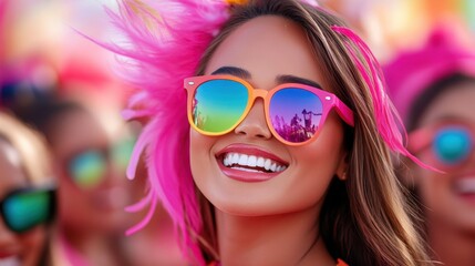 Vibrant celebration: smiling woman in colorful sunglasses at festive event