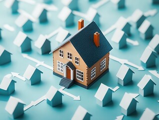 Simple graphic of a house surrounded by upward and downward financial arrows 