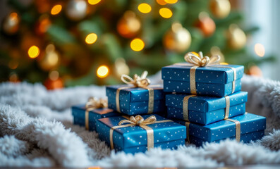 pile of gifts boxes on a cozy gray blanket, christmas tree in the background