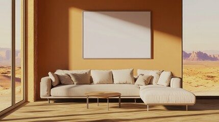  A cozy living room with a blank poster on a warm-toned wall, a sectional sofa in light beige, and a small coffee table. Large windows reveal a stunning desert vista.