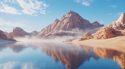 Misty desert oasis reflecting in calm water with mountains.