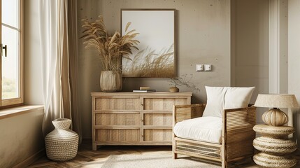 A stylish modern living room interior design with minimalistic furniture, neutral tones, and a sophisticated, welcoming atmosphere.