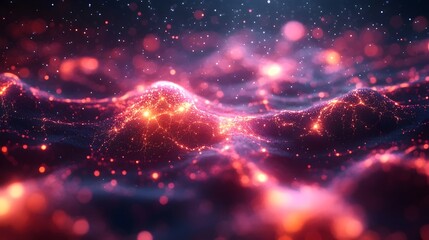 Obraz premium A computer generated image of a pink and blue ocean with glowing specks