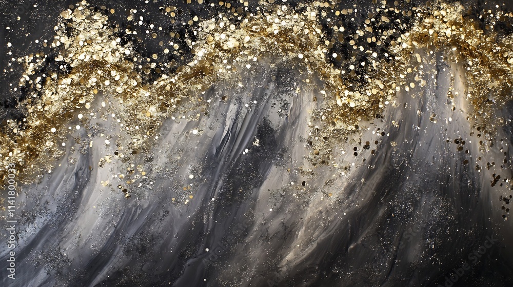 Poster cascading metallic particles flowing in dynamic luminous swirls