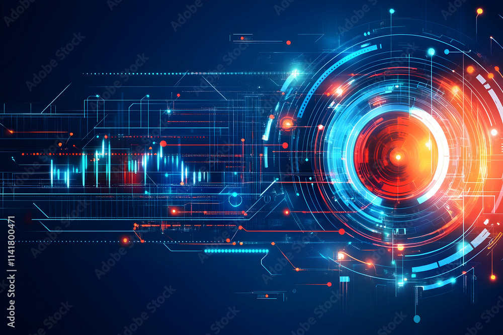 Poster abstract technological background with glowing circles and circuits.