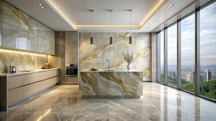 Luxurious Modern Kitchen Design with Island and Panoramic City View