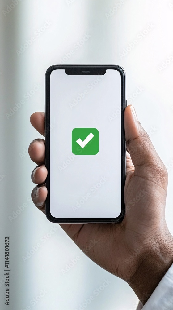 Poster a smartphone showing a successful verification checkmark after completing a registration process