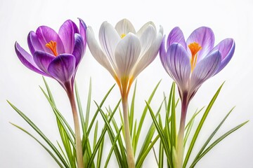 Fototapeta premium Three unique crocuses with grassy leaves, isolated against a transparent background, beautifully highlight floral design and nature themes in minimalist photography. Ideal for creative projects.
