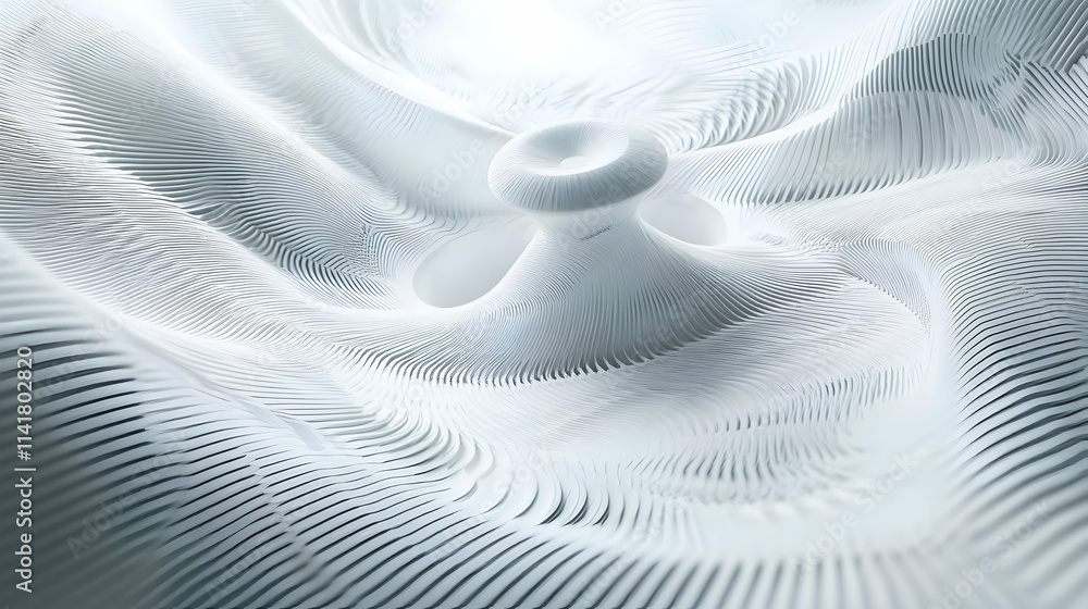Poster abstract white 3d textured surface with swirling patterns and central dome.