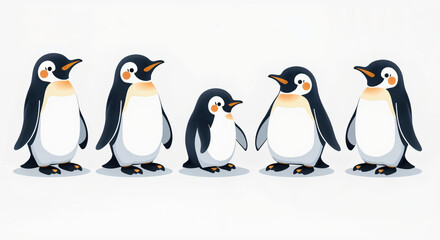Fototapeta premium Cute Penguin Illustration of Five Cartoon Penguins, Perfect for Children's Books, Educational Materials, and Animal-themed Designs
