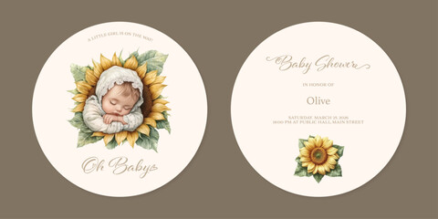Round Baby Shower Invitation Featuring Sleeping Baby in Sunflower and Whimsical Botanical Design, Baby Shower Invitation Card