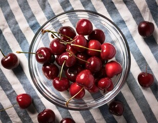 GenerateOverhead shot of cherries in a glass plate placed on a striped cloth, vintage aesthetic with vibrant colors. The image features ultrafine detail, capturing a high-quality, nostalgic feed image