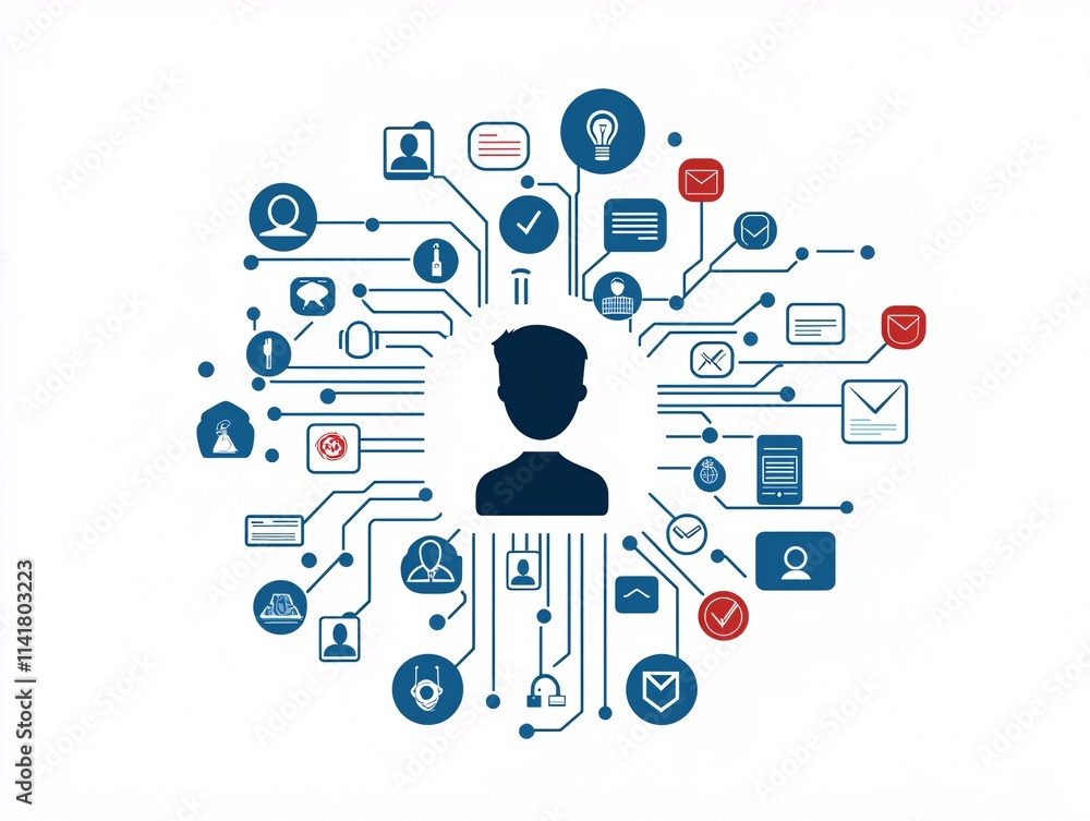 Poster a stylized vector illustration of an identity verification process with icons and abstract design