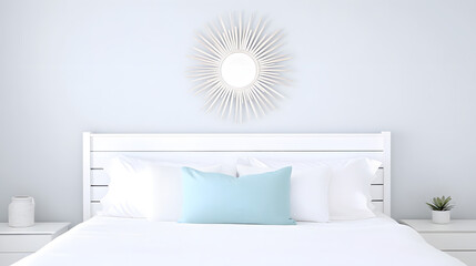 A modern coastal bedroom with light blue walls, white furniture, and a calming seaside ambiance, creating a serene and relaxing atmosphere ideal for coastal living and contemporary interior design ins