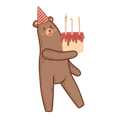 Birthday bear wearing a striped hat and carrying a candlelit cake. Vector illustration for greeting cards or party invitations. Cute design for party invitations, posters, or greeting cards