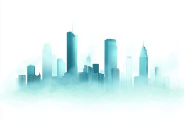 Fototapeta premium Abstract cityscape background with skyscrapers and fog, a blue-green gradient color on a white background. 