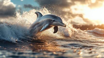 Obraz premium Majestic Dolphin Jumping Against a Vibrant Sunset Over Ocean Waters